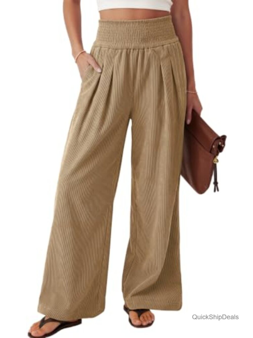Wide Leg Palazzo Corduroy Pants Smocked Waist Pockets Casual Work
